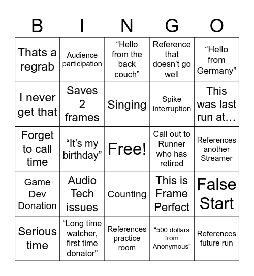 AGDQ Bingo Card