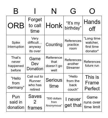 AGDQ Stream Bingo Card