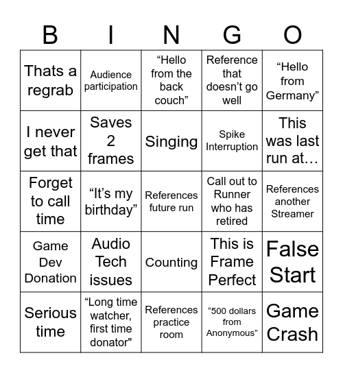 AGDQ Stream per Block Bingo Card