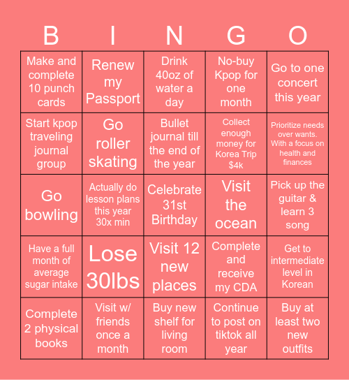 Racheal's 2026 BINGO card Bingo Card
