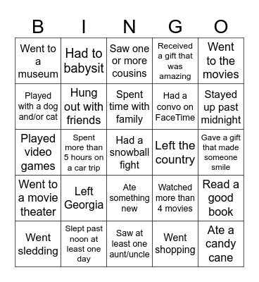 Over winter break...Find someone who.... Bingo Card
