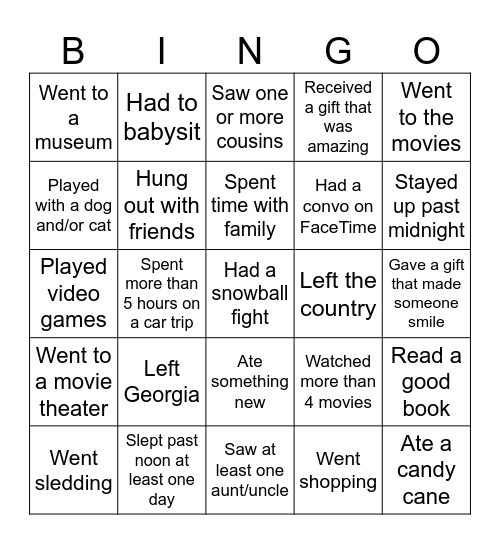 Over winter break...Find someone who.... Bingo Card