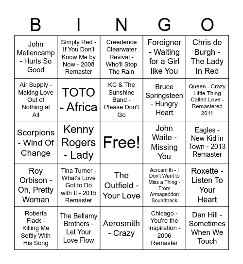 SOFT ROCK Bingo Card