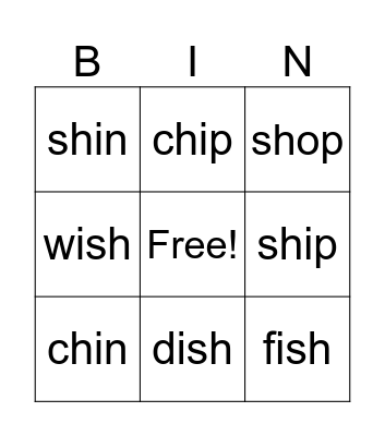 sh and ch Bingo Card