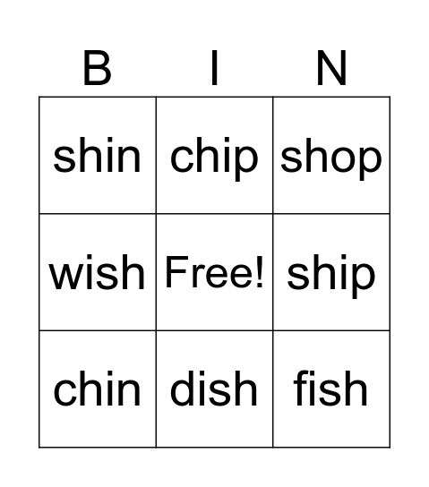 sh and ch Bingo Card