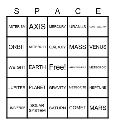 SPACE BINGO! Bingo Card