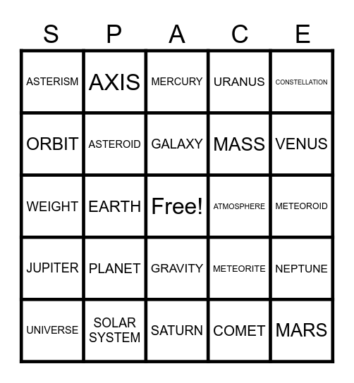 SPACE BINGO! Bingo Card