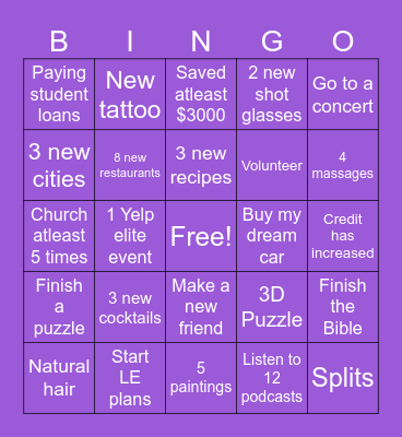 2026 BucketList/Goals Bingo Card