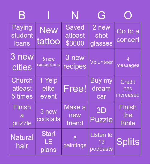 2026 BucketList/Goals Bingo Card