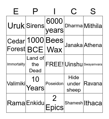 Heros and theology of Oddesey, Ramayana, and Epic of Gilgamesh Bingo Card