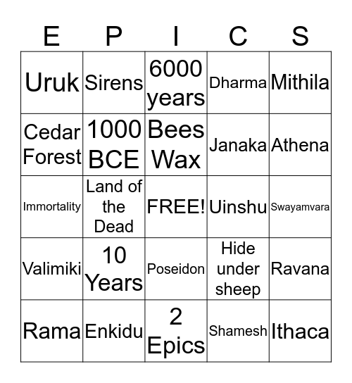 Heros and theology of Oddesey, Ramayana, and Epic of Gilgamesh Bingo Card
