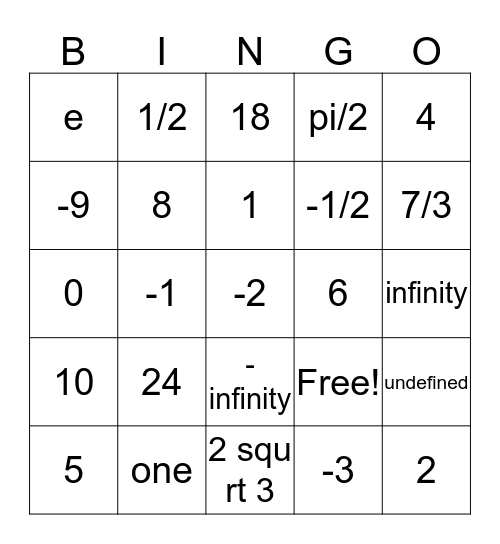 Evaluate the expression Bingo Card
