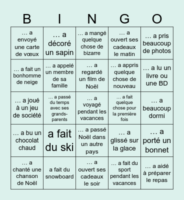 Trouvez une personne qui... 🎄🎁 ❄️ Bingo Card