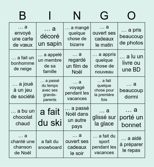 Trouvez une personne qui... 🎄🎁 ❄️ Bingo Card