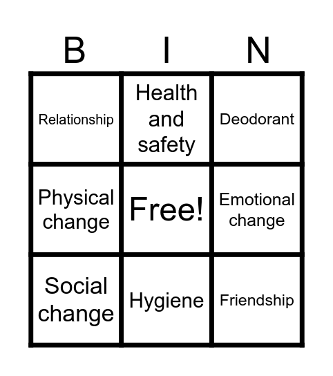 Adolescence Bingo Card
