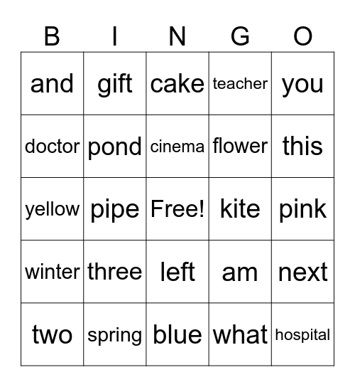 Words Bingo Card