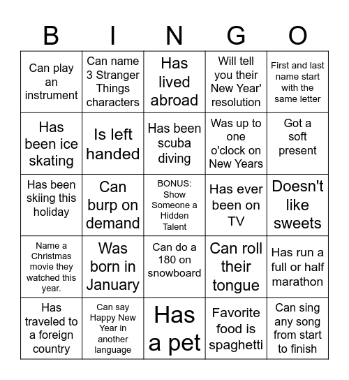 New Year's Bingo Find Someone Who... Bingo Card
