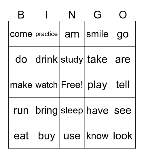 Verbs Bingo Card