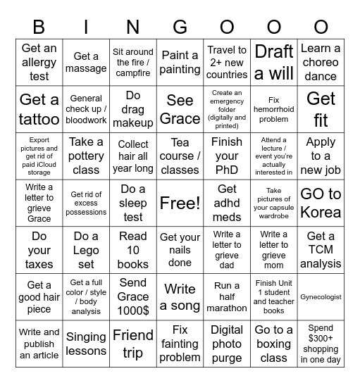 Yearly Bingo Card