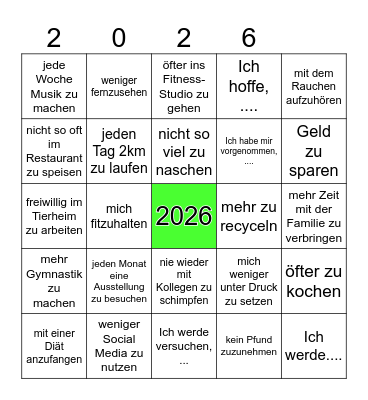Gute Vorsätze für das Neujahr Bingo Card