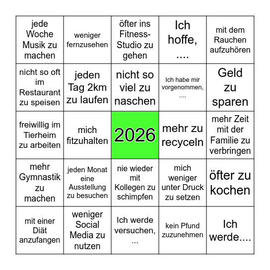Gute Vorsätze für das Neujahr Bingo Card