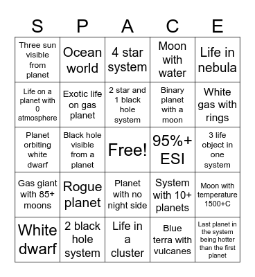 Space engine Bingo Card