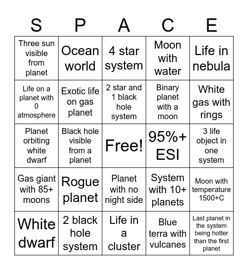 Space engine Bingo Card
