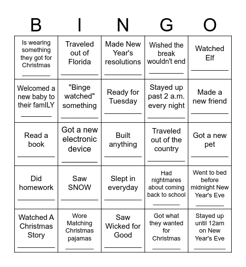 Winter Break Bingo Card