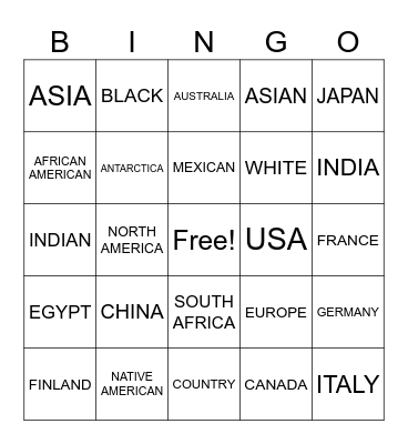 Country / Ethnicity Review ASL 3 Bingo Card