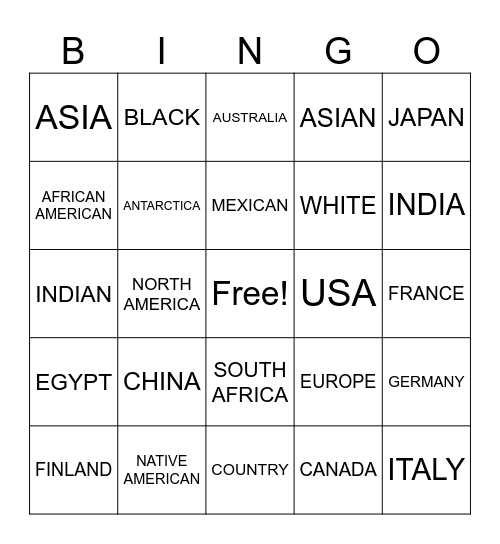 Country / Ethnicity Review ASL 3 Bingo Card
