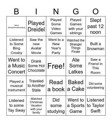 Winter Vacation Bingo Card