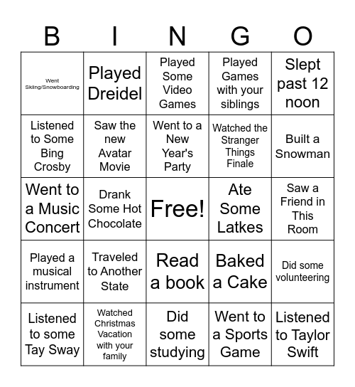 Winter Vacation Bingo Card