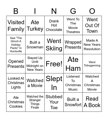 Christmas Break Bingo Card