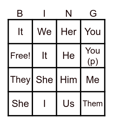 Personal and Object pronouns Bingo Card