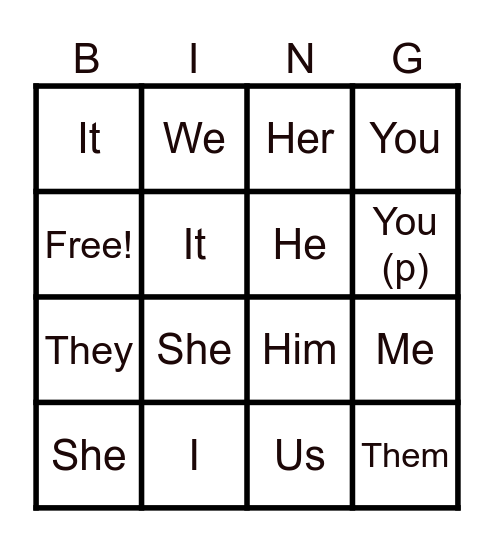 Personal and Object pronouns Bingo Card