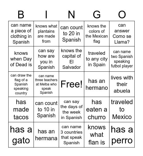 Bienvenido a la clase! Find someone who... Bingo Card