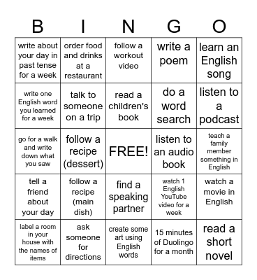 English Learning Bingo Card