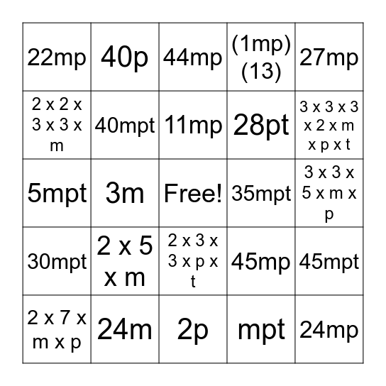 Expressions Bingo Card