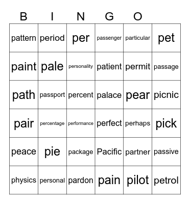 "P" Bingo Card