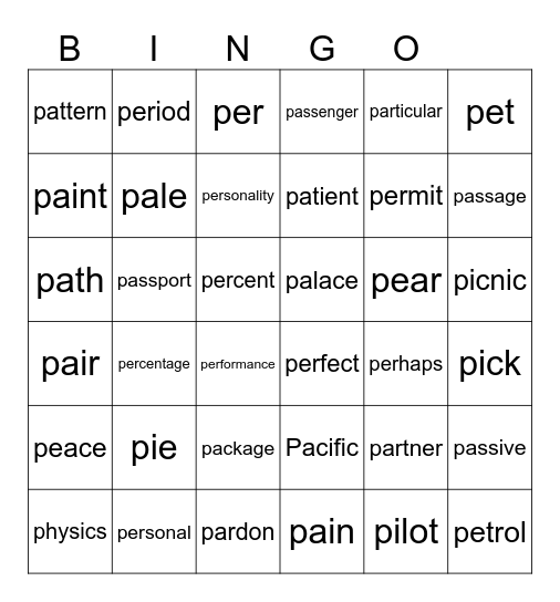 "P" Bingo Card