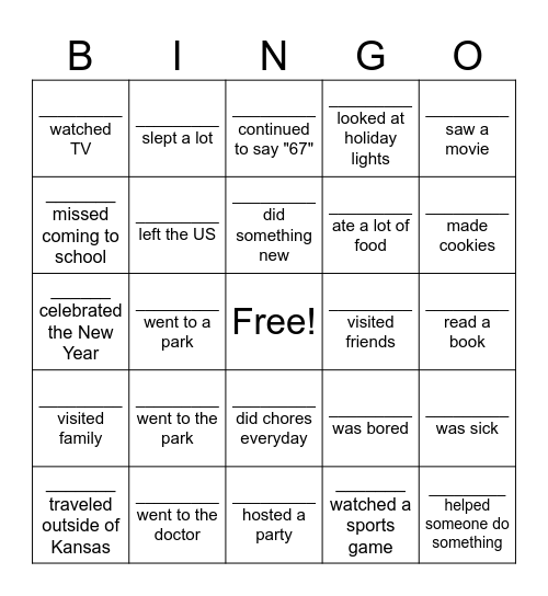 What did you do over winter break? Bingo Card