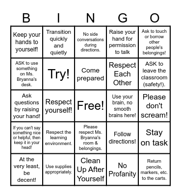 Classroom Expectations Bingo Card
