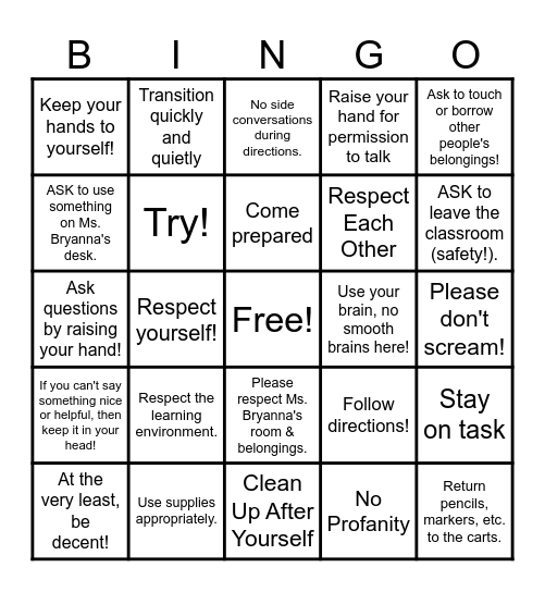 Classroom Expectations Bingo Card