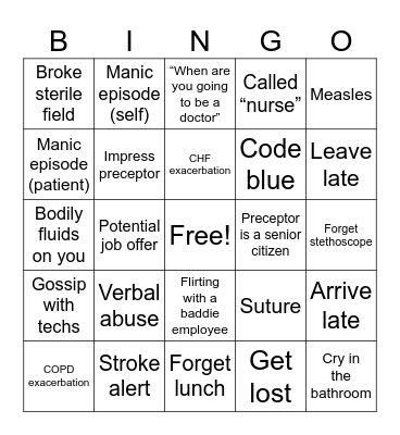 Clinical Rotation Bingo Card