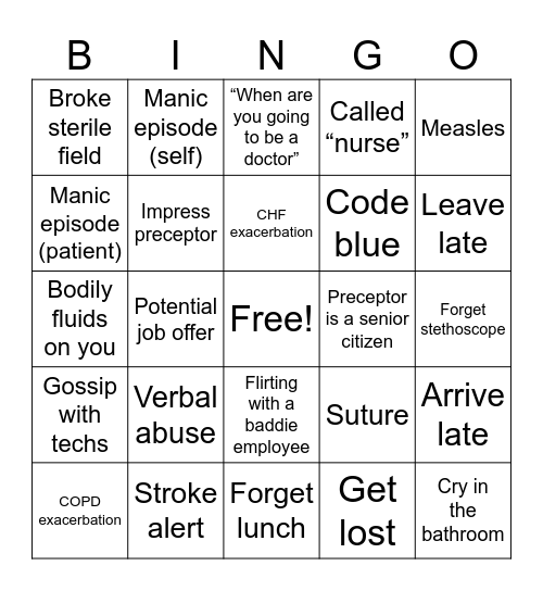 Clinical Rotation Bingo Card