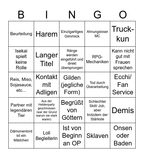 Isekai Bingo Card