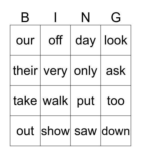 Kindergarten Sight Words Bingo Card