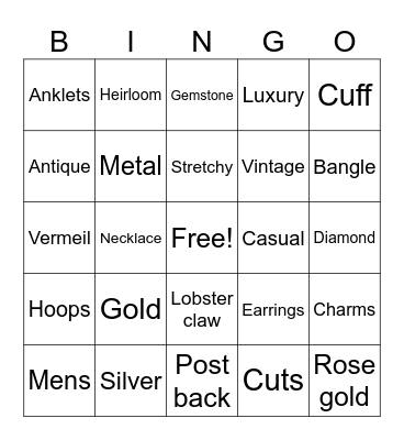 Jewelry Bingo Card