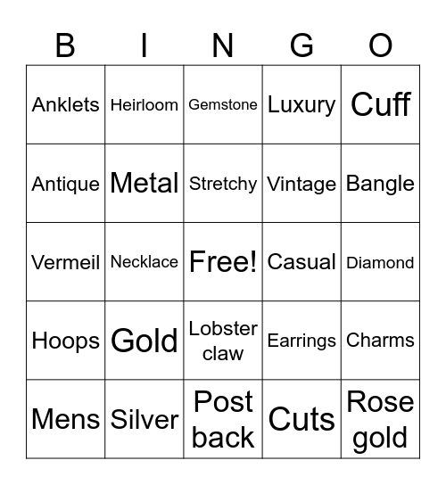 Jewelry Bingo Card