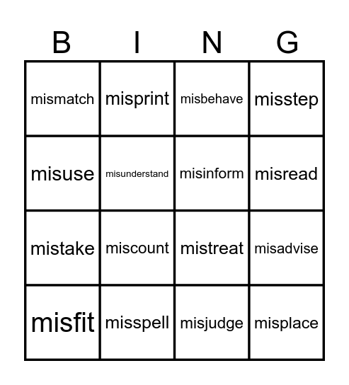 Prefix: mis- Bingo Card
